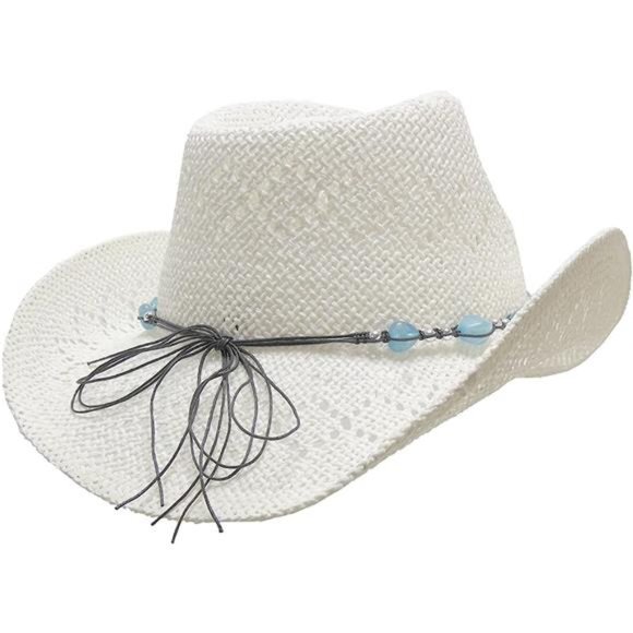 Straw Cowboy Hat for Women with Beaded Trim and Shapeable Brim